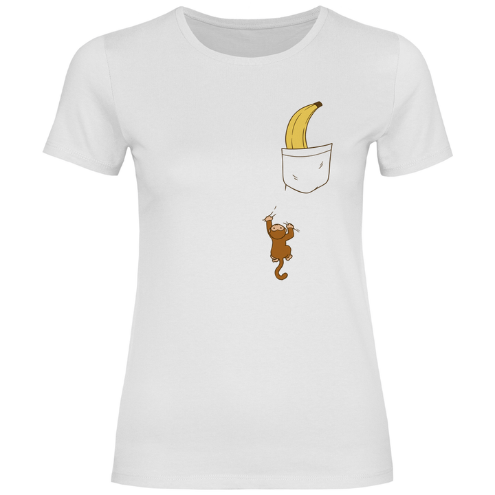 Affe mit Banane in Brusttasche - Damen T - Shirt - Textilzauber