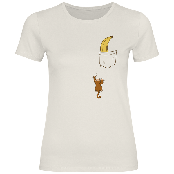 Affe mit Banane in Brusttasche - Damen T - Shirt - Textilzauber