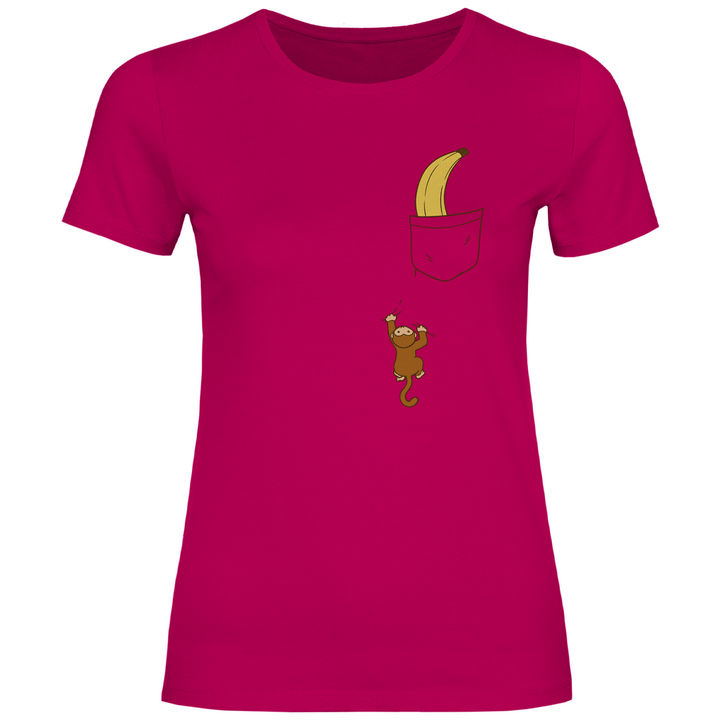 Affe mit Banane in Brusttasche - Damen T - Shirt - Textilzauber