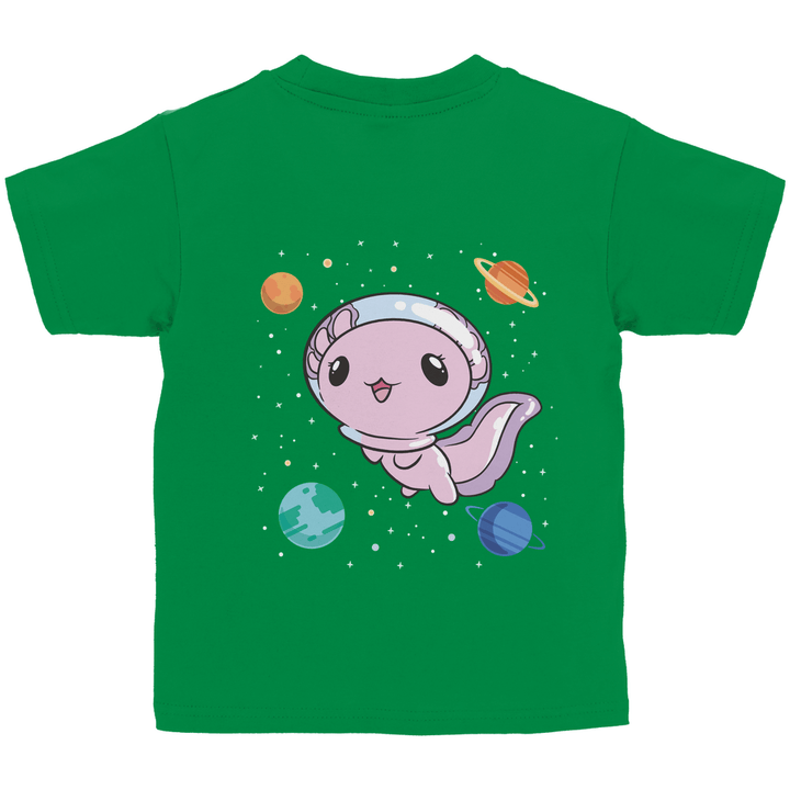Axolotl im All - Kinder T - Shirt mit Rückendruck - Textilzauber