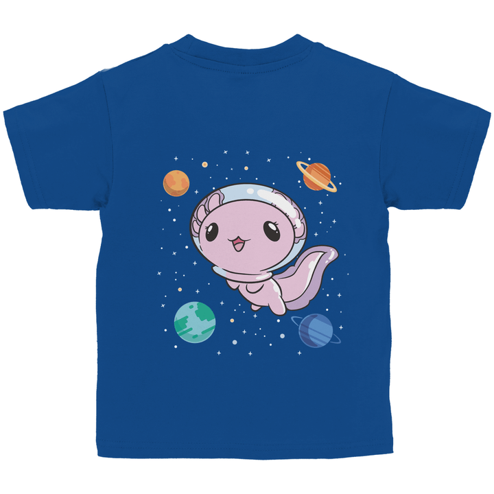 Axolotl im All - Kinder T - Shirt mit Rückendruck - Textilzauber