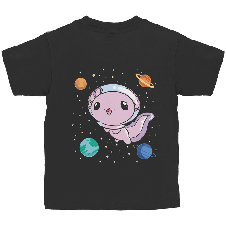 Axolotl im All - Kinder T - Shirt mit Rückendruck - Textilzauber