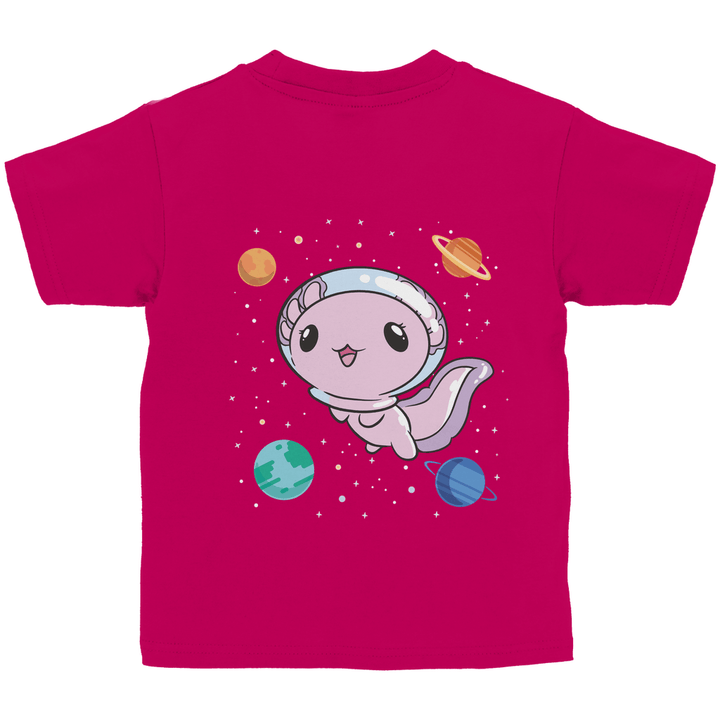 Axolotl im All - Kinder T - Shirt mit Rückendruck - Textilzauber