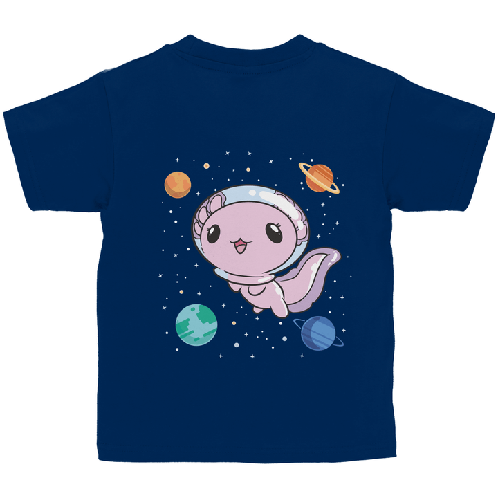 Axolotl im All - Kinder T - Shirt mit Rückendruck - Textilzauber
