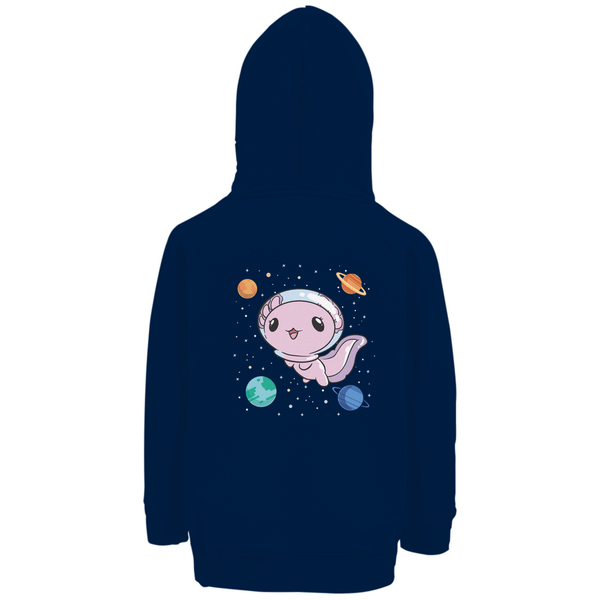 Axolotl im All - Premium Bio Kinderhoodie mit Rückendruck - Textilzauber