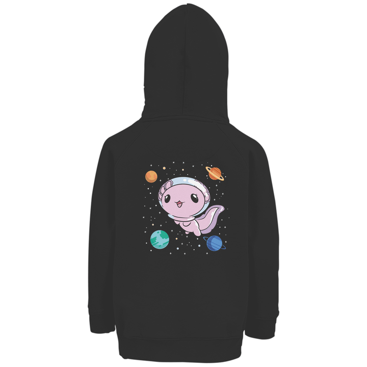 Axolotl im All - Premium Bio Kinderhoodie mit Rückendruck - Textilzauber