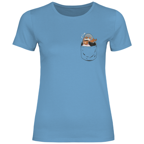 Pinguin mit Kaffee in Brusttasche - Damen T-Shirt