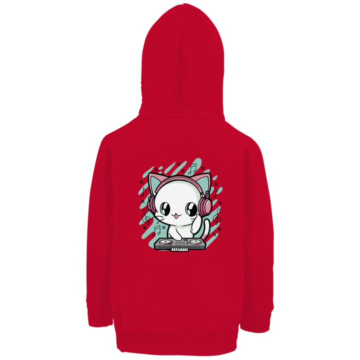 DJ - Katze - Premium Bio Kinderhoodie mit Rückendruck - Textilzauber