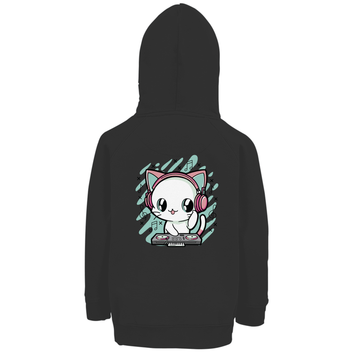 DJ - Katze - Premium Bio Kinderhoodie mit Rückendruck - Textilzauber