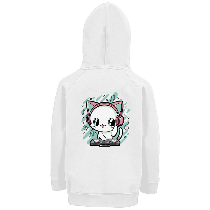 DJ - Katze - Premium Bio Kinderhoodie mit Rückendruck - Textilzauber
