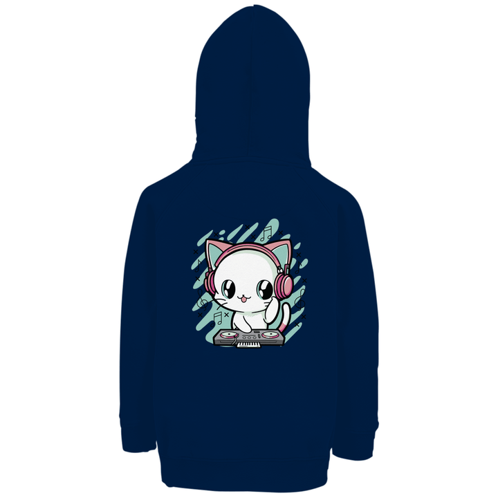 DJ - Katze - Premium Bio Kinderhoodie mit Rückendruck - Textilzauber