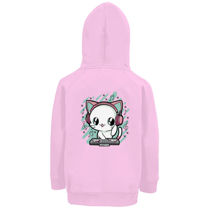 DJ - Katze - Premium Bio Kinderhoodie mit Rückendruck - Textilzauber