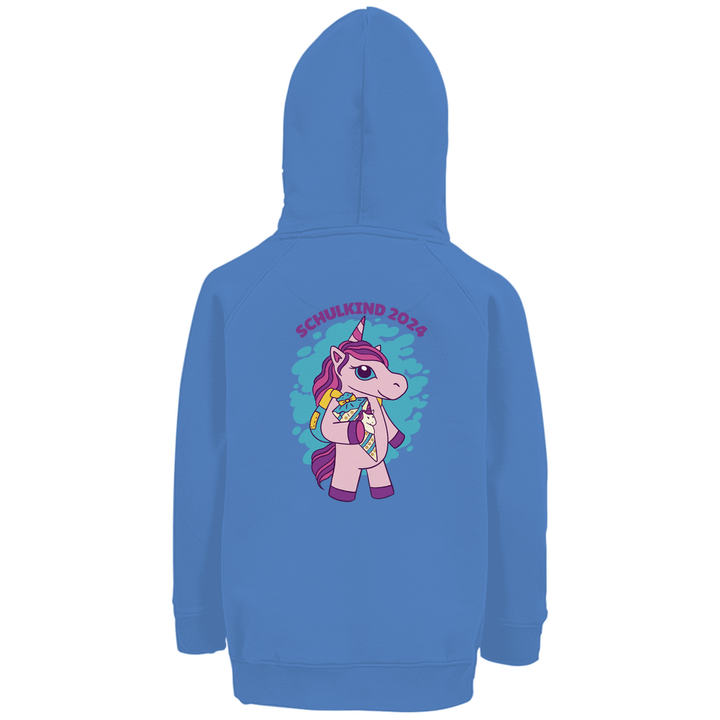 Einhorn Schulkind 2024 - Premium Bio Kinderhoodie mit Rückendruck - Textilzauber