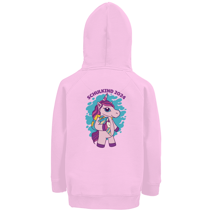 Einhorn Schulkind 2024 - Premium Bio Kinderhoodie mit Rückendruck - Textilzauber