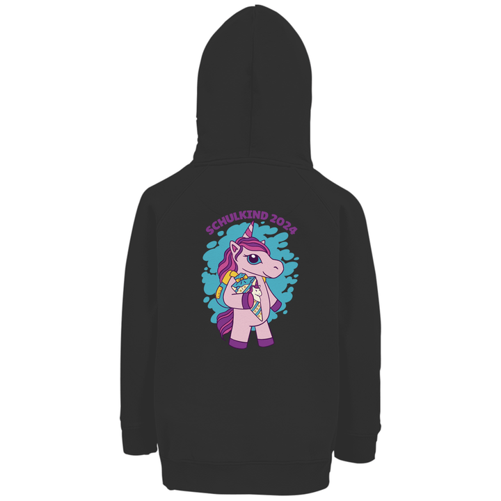 Einhorn Schulkind 2024 - Premium Bio Kinderhoodie mit Rückendruck - Textilzauber