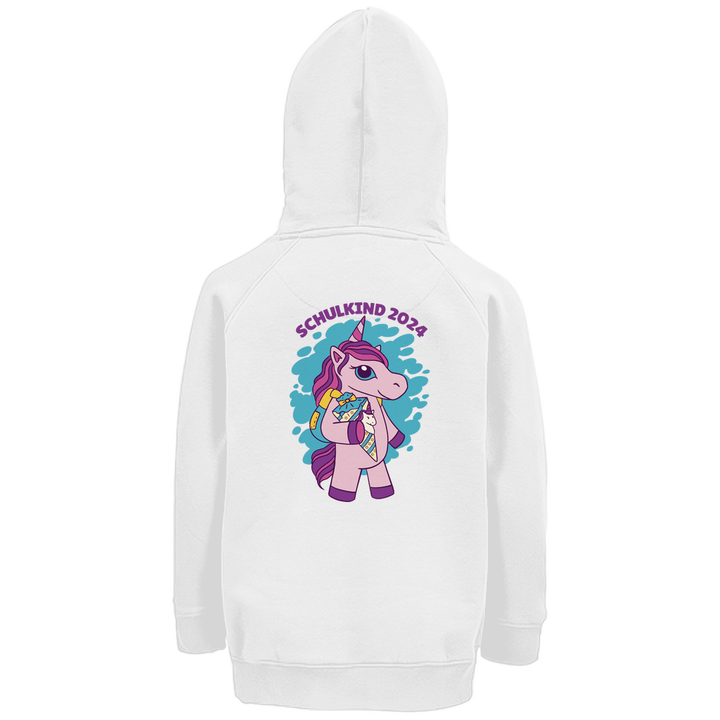 Einhorn Schulkind 2024 - Premium Bio Kinderhoodie mit Rückendruck - Textilzauber
