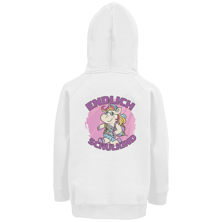 Einhorn Schulstart - Premium Bio Kinderhoodie mit Rückendruck - Textilzauber