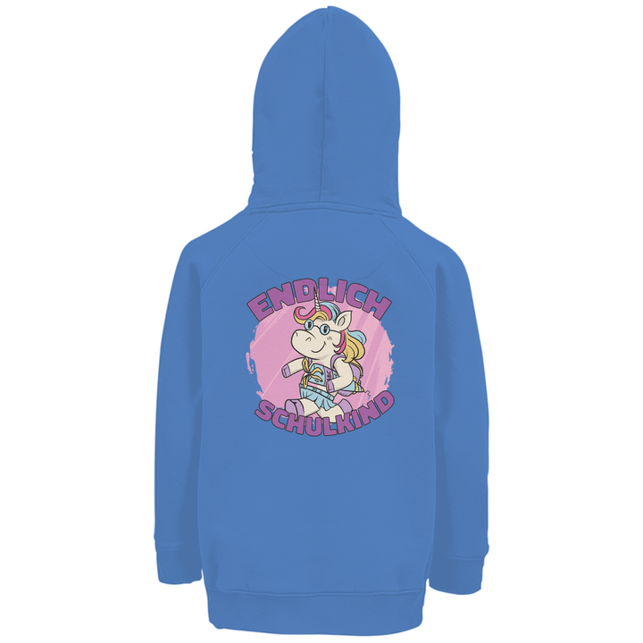 Einhorn Schulstart - Premium Bio Kinderhoodie mit Rückendruck - Textilzauber