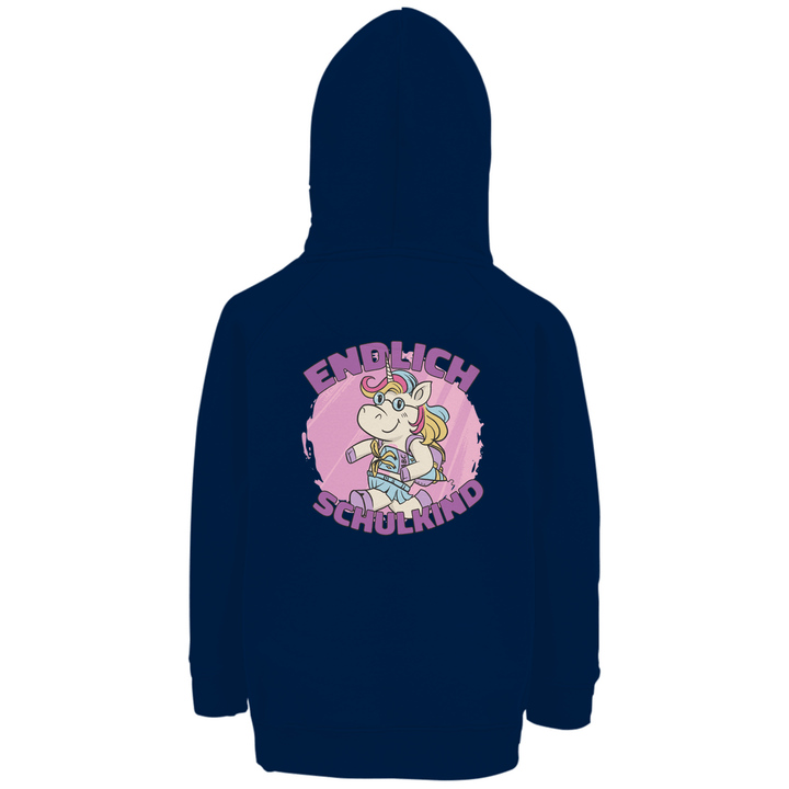 Einhorn Schulstart - Premium Bio Kinderhoodie mit Rückendruck - Textilzauber