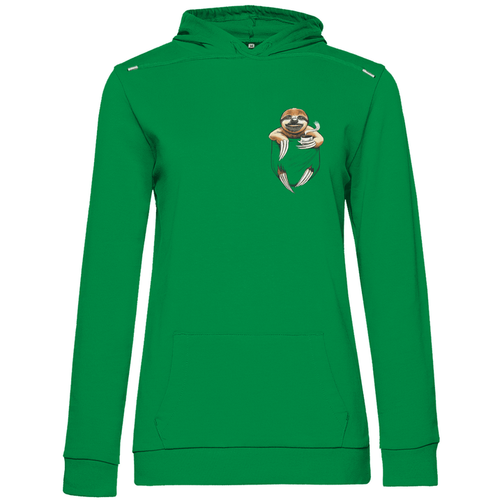 Faultier mit Kaffee in Brusttasche - Damen Hoodie - Textilzauber