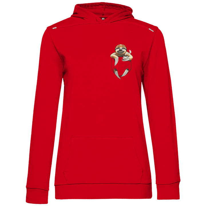 Faultier mit Kaffee in Brusttasche - Damen Hoodie - Textilzauber