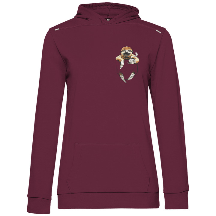 Faultier mit Kaffee in Brusttasche - Damen Hoodie - Textilzauber