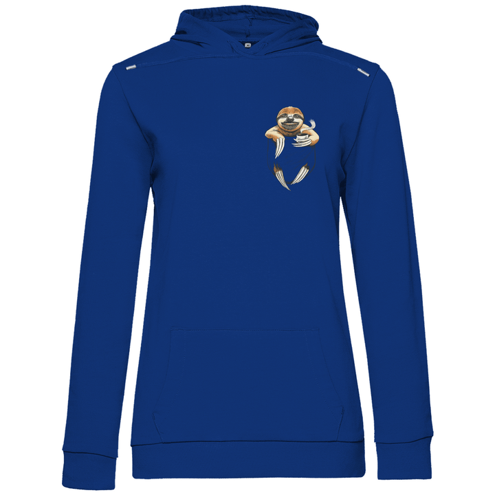 Faultier mit Kaffee in Brusttasche - Damen Hoodie - Textilzauber