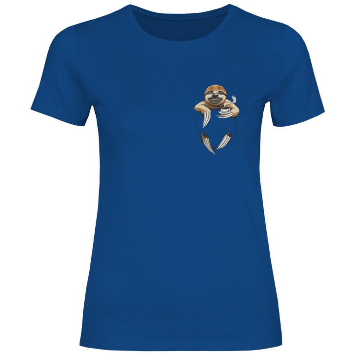 Faultier mit Kaffee in Brusttasche - Damen T - Shirt - Textilzauber