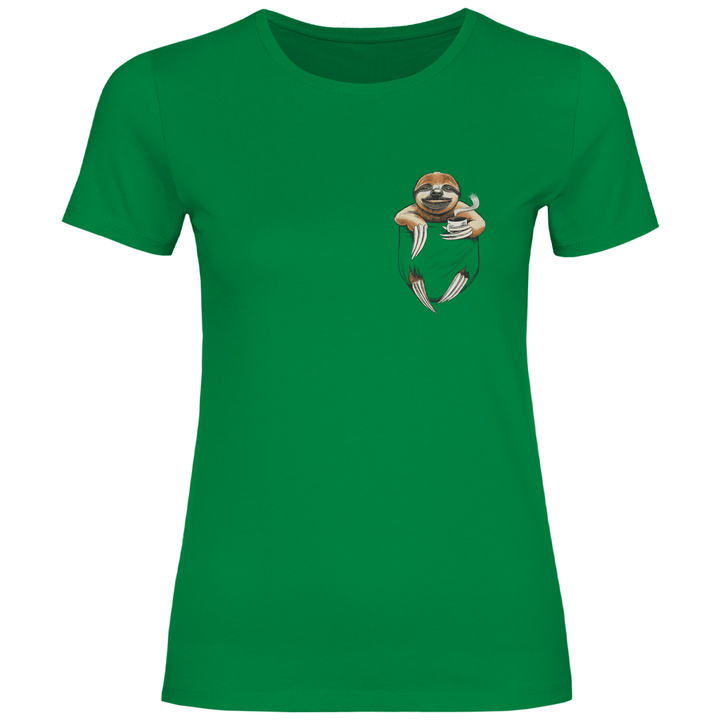 Faultier mit Kaffee in Brusttasche - Damen T - Shirt - Textilzauber