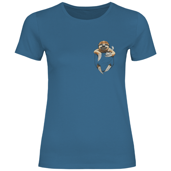 Faultier mit Kaffee in Brusttasche - Damen T - Shirt - Textilzauber