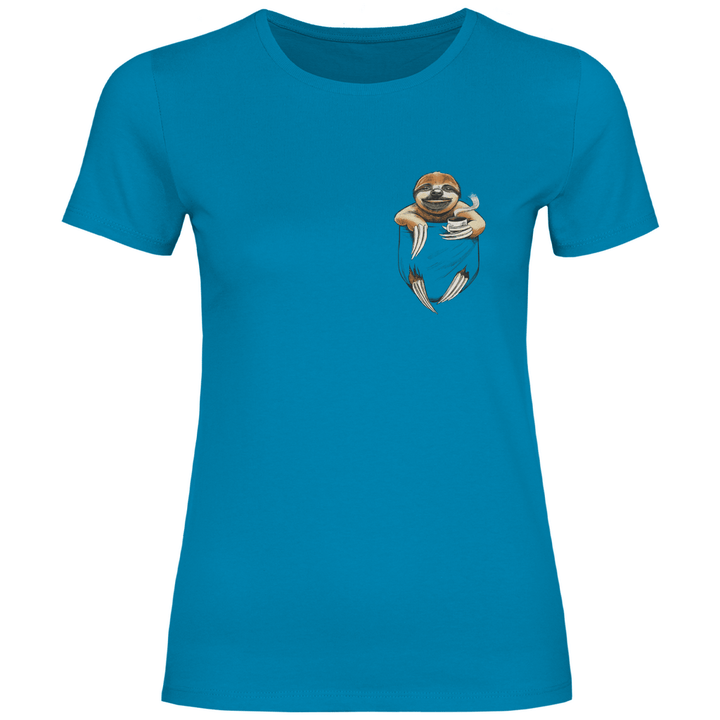 Faultier mit Kaffee in Brusttasche - Damen T - Shirt - Textilzauber
