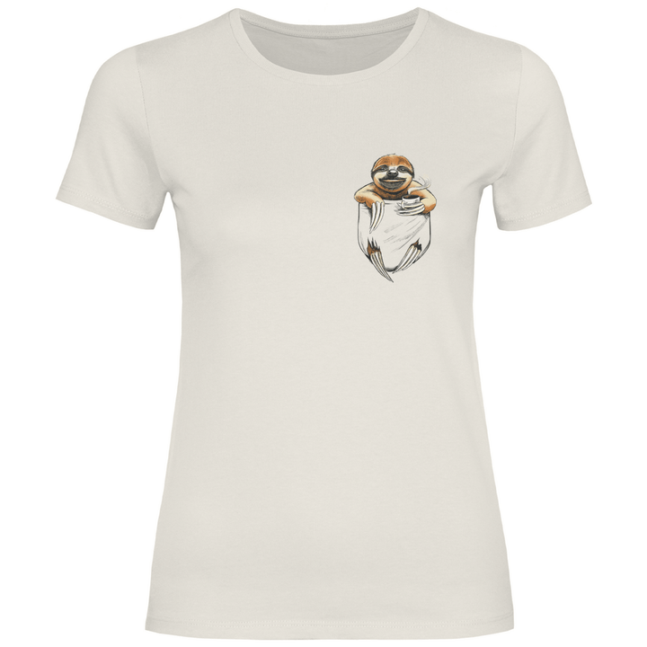 Faultier mit Kaffee in Brusttasche - Damen T - Shirt - Textilzauber