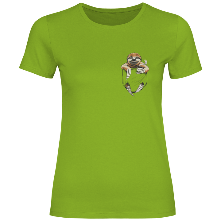 Faultier mit Kaffee in Brusttasche - Damen T - Shirt - Textilzauber