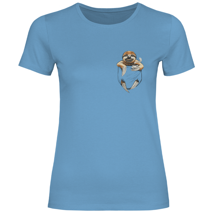 Faultier mit Kaffee in Brusttasche - Damen T - Shirt - Textilzauber
