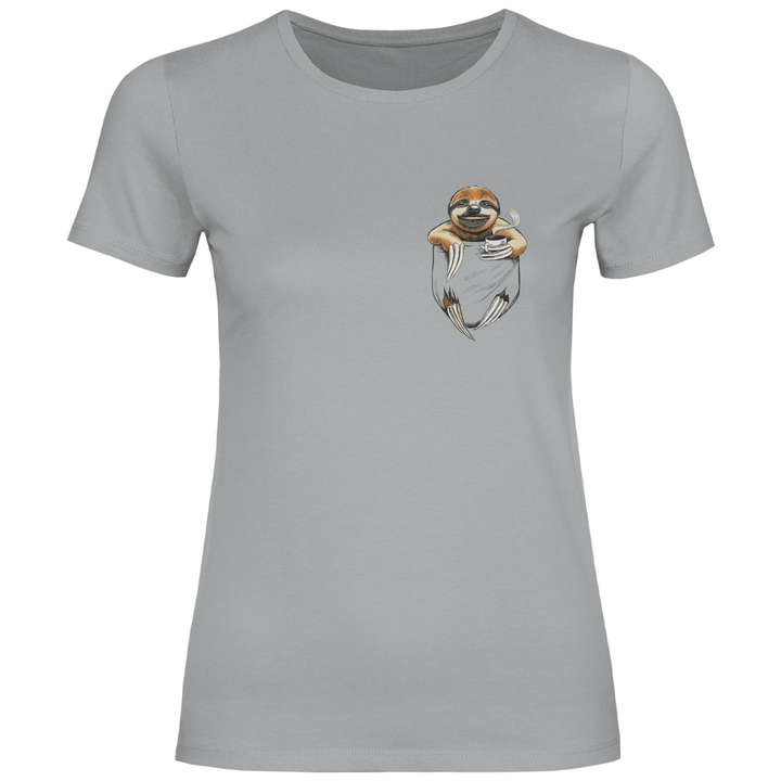 Faultier mit Kaffee in Brusttasche - Damen T - Shirt - Textilzauber
