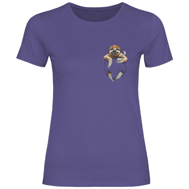 Faultier mit Kaffee in Brusttasche - Damen T - Shirt - Textilzauber