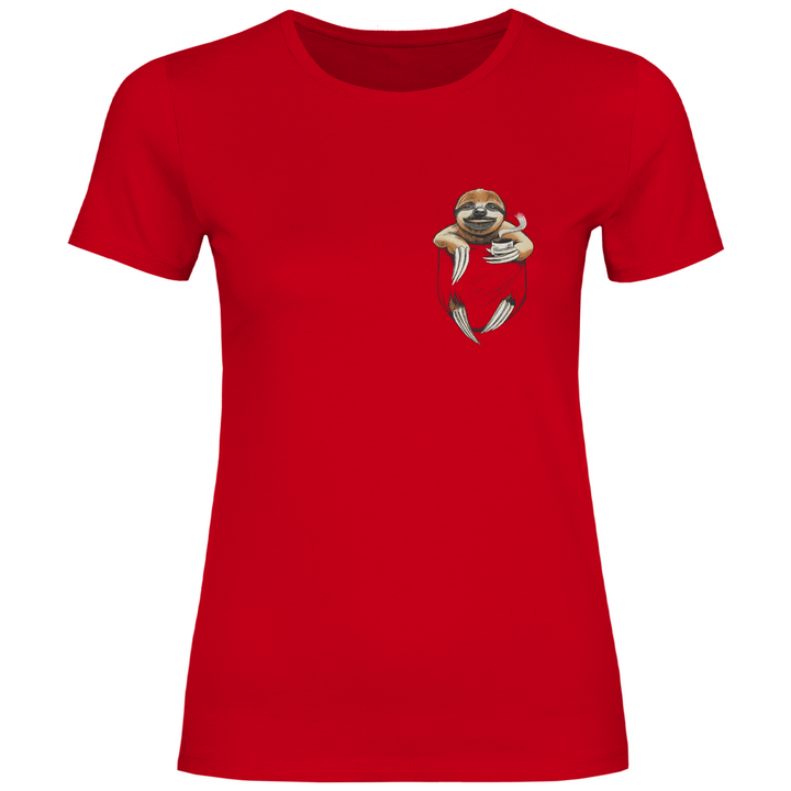 Faultier mit Kaffee in Brusttasche - Damen T - Shirt - Textilzauber