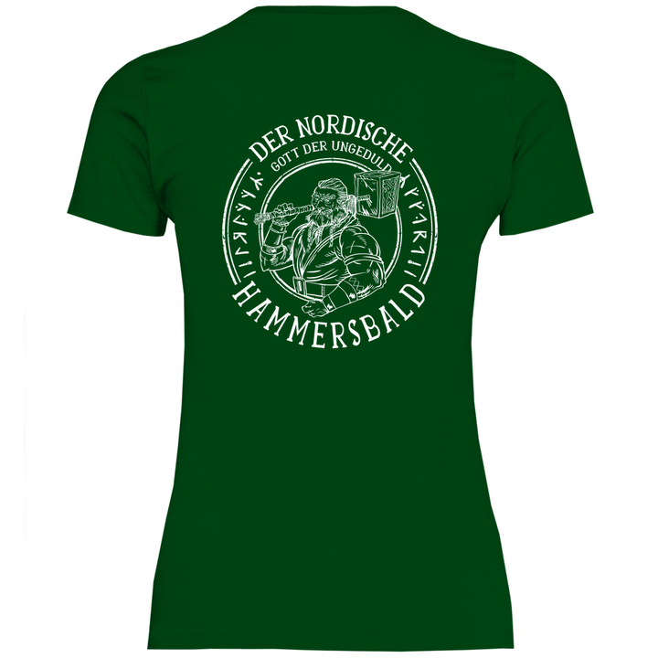 Gott der Ungeduld - Damen T - Shirt mit Rückendruck - Textilzauber