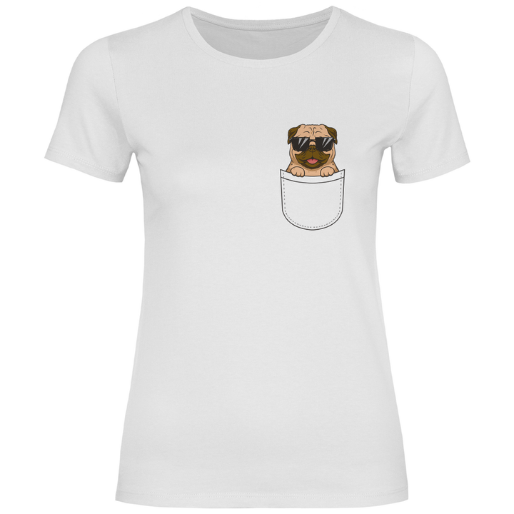 Hund mit Sonnenbrille in Brusttasche - Damen T - Shirt - Textilzauber