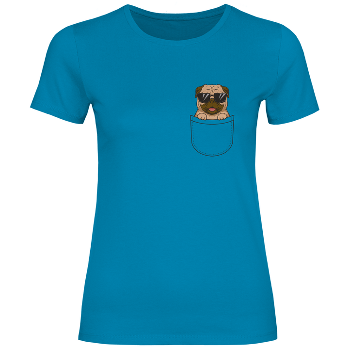Hund mit Sonnenbrille in Brusttasche - Damen T - Shirt - Textilzauber
