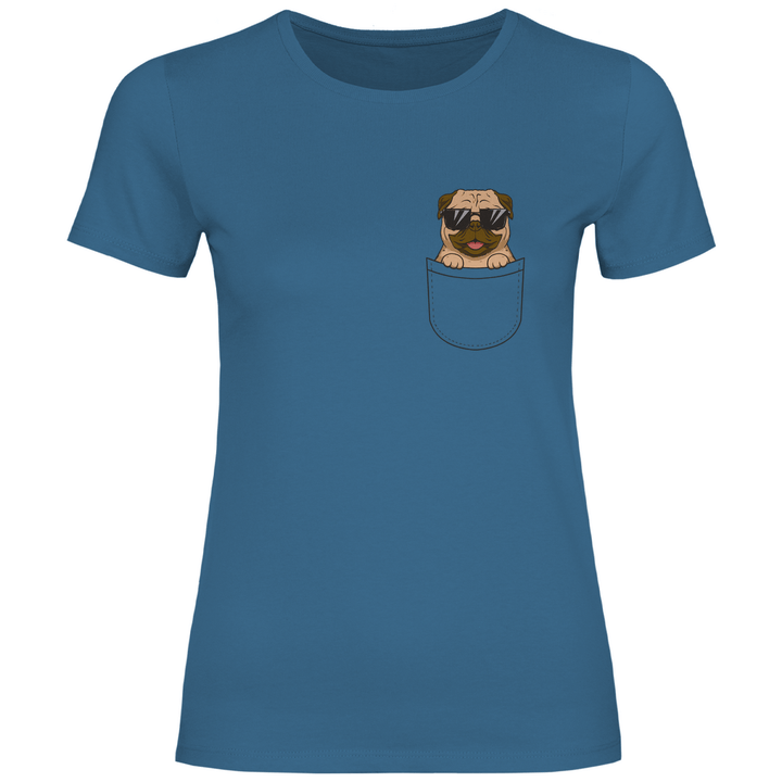 Hund mit Sonnenbrille in Brusttasche - Damen T - Shirt - Textilzauber