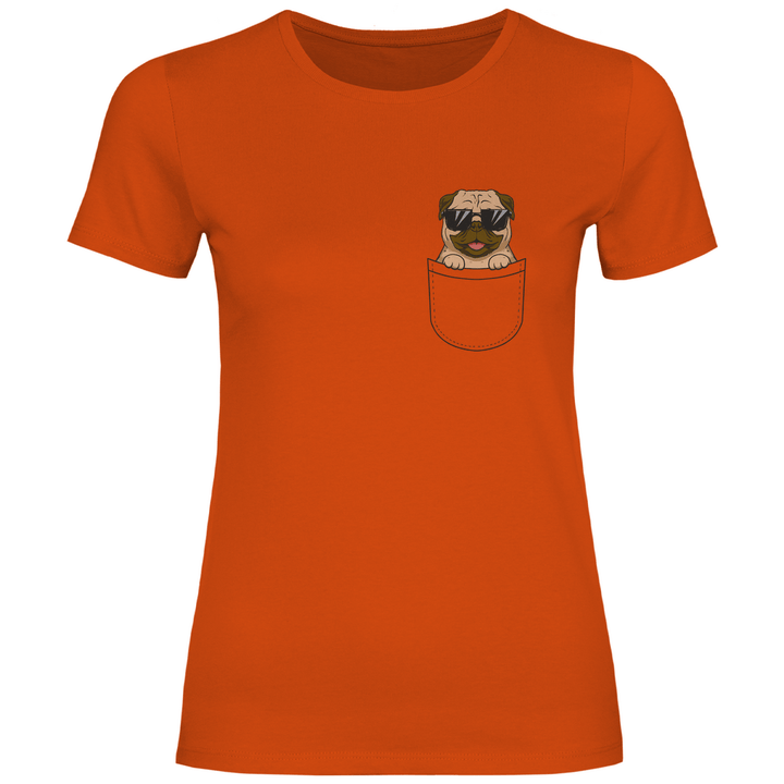 Hund mit Sonnenbrille in Brusttasche - Damen T - Shirt - Textilzauber