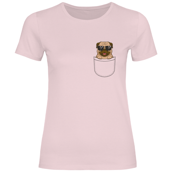Hund mit Sonnenbrille in Brusttasche - Damen T - Shirt - Textilzauber