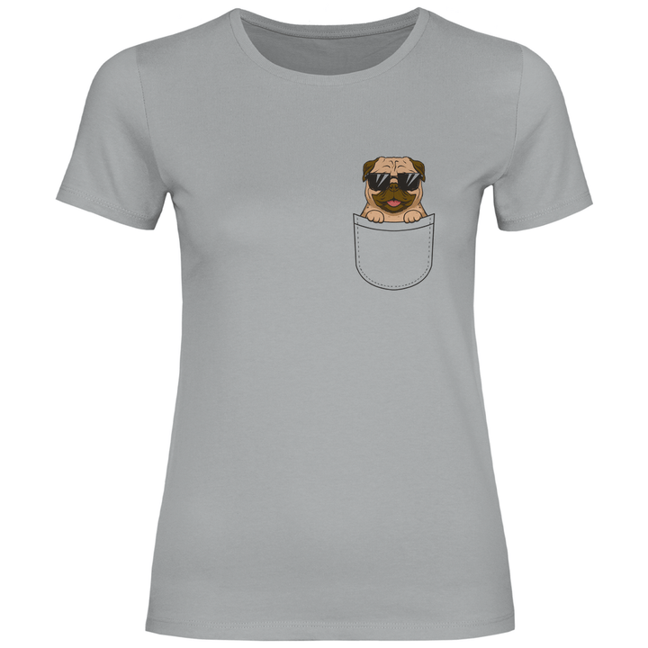 Hund mit Sonnenbrille in Brusttasche - Damen T - Shirt - Textilzauber