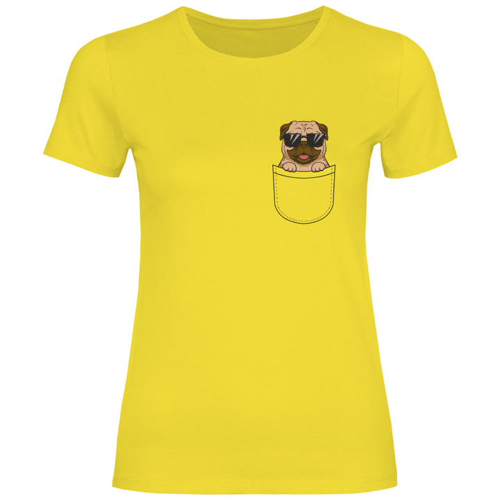 Hund mit Sonnenbrille in Brusttasche - Damen T - Shirt - Textilzauber