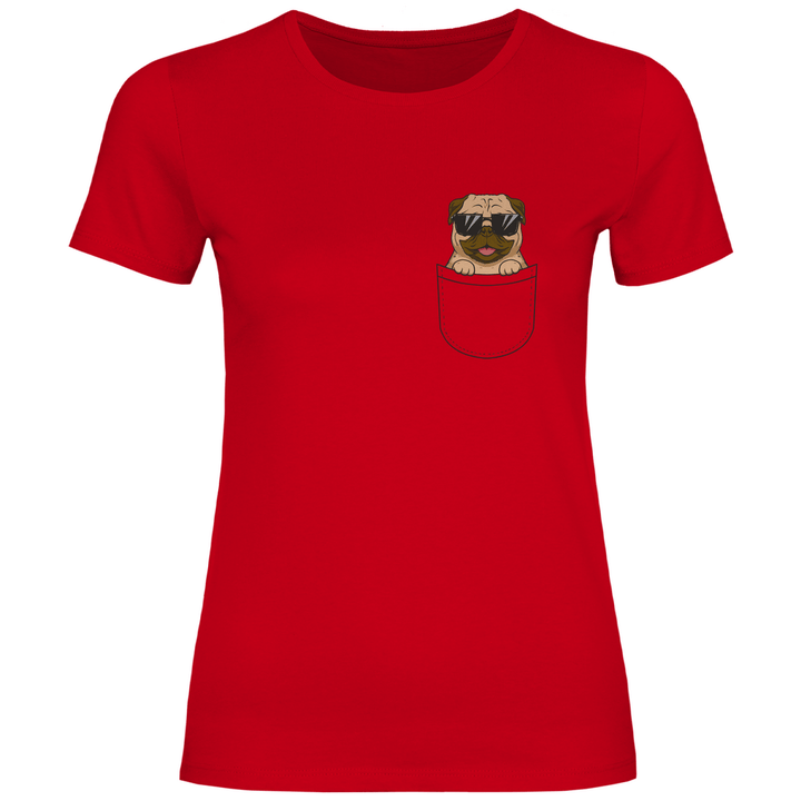 Hund mit Sonnenbrille in Brusttasche - Damen T - Shirt - Textilzauber