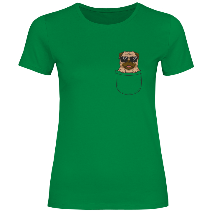 Hund mit Sonnenbrille in Brusttasche - Damen T - Shirt - Textilzauber