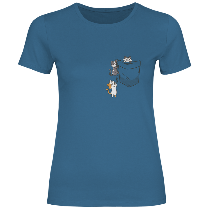 Katzen in Brusttasche - Damen T - Shirt - Textilzauber