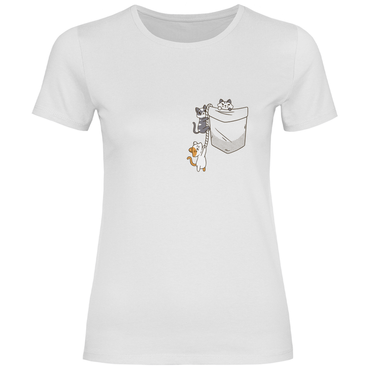 Katzen in Brusttasche - Damen T - Shirt - Textilzauber