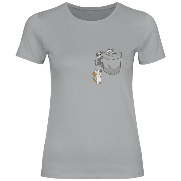 Katzen in Brusttasche - Damen T - Shirt - Textilzauber